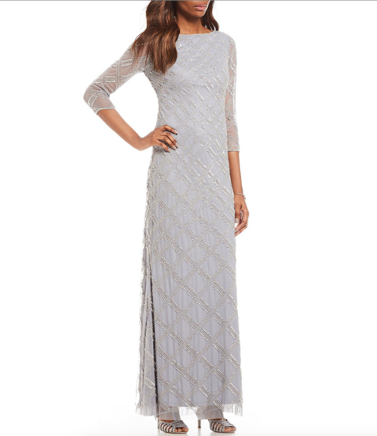 ADRIANNA PAPELL BEADED CROSS HATCH SILVER GREY GOWN DRESS sz 6