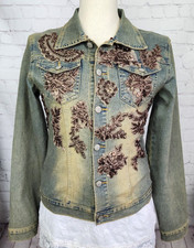 Hazel Denim Jacket Boho Western Art Lace Beaded Faded Distress Pockets Unlined S