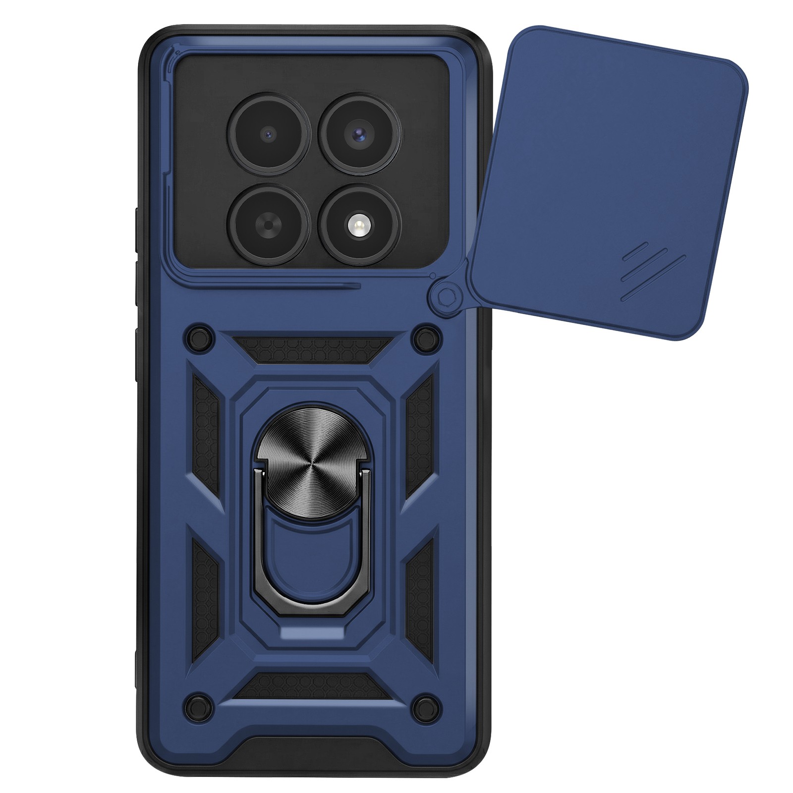 Coque Redmi Note 15 5G Mayaxess avec cache caméra coulissant et anneau rotatif - Bleu Nuit