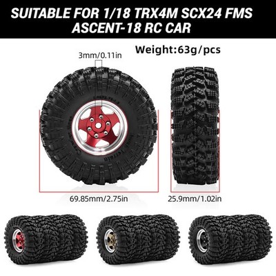 4Pcs 1.3'' Alloy Wheel Rim Rubber Tire for 1/18 TRX4M SCX24 FMS Ascent-18 RC Car