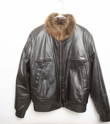 Genuine Beaver Fur Leather Bomber Jacket Men s small Reversible Brown Custome