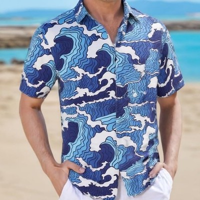 Unisex Sea Wave Hawaiian Shirt Funky Blue Ocean Beach Shirt for Men and Women
