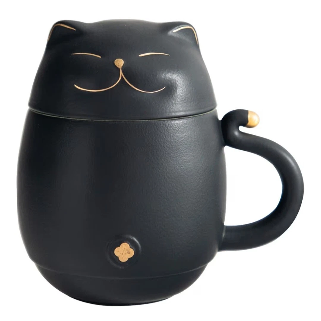 Ceramic Black Cat Tea Cup / Mug with Infuser Strainer and Lid