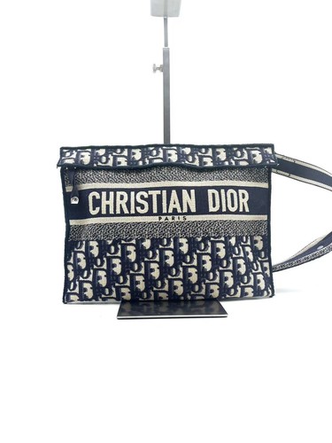 Christian Dior Clutch Tote Blue Oblique Canvas Silver Hardware Hand Bag