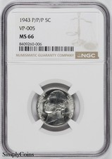 1943-P/P/P Jefferson Nickel NGC MS66 RPM VP-005 SILVER WAR 1 of 1 in 66!