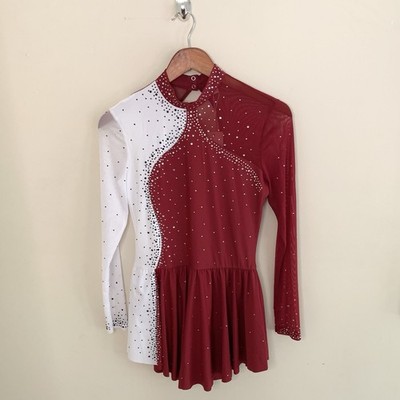 Women's Contrast Color Figure Skating Dress Rhinestone Long Sleeve Size M New