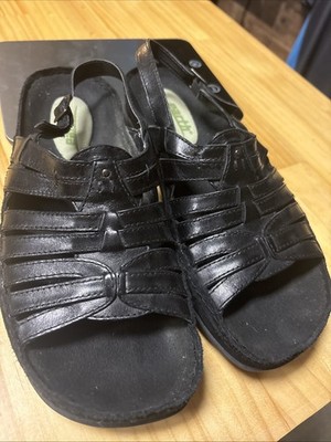 EARTH Women 7B Flat Sandals Black Leather Comfort Casual Sling Back Ankle Strap
