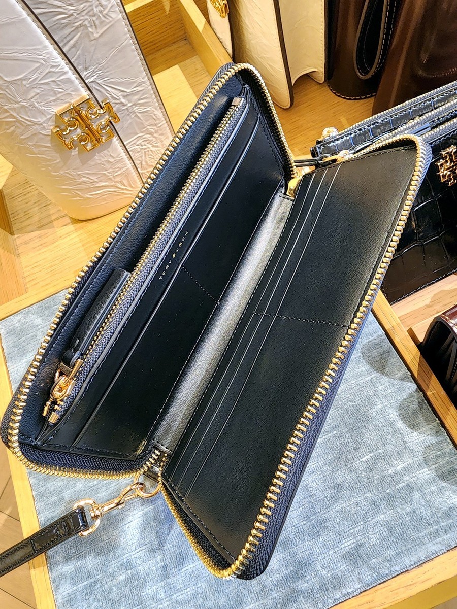 New Tory Burch Emerson Smooth Black Leather Wristlet Continental