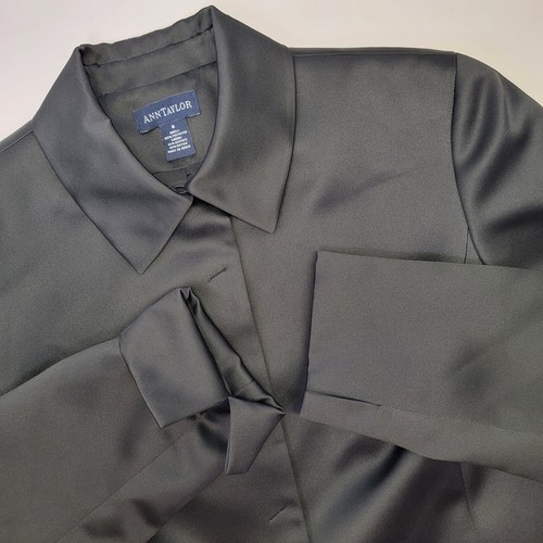 Ann Taylor Womens Black Satin 5 Button Flip-Cuff Pockets Lined Duster Coat 6 EUC - Picture 2 of 19