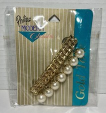 Vintage NOS Philips Faux Pearl Dangle Gold Tone Metal Barrette 3.25" 39014