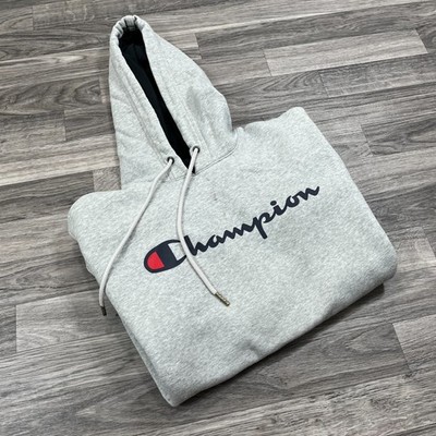 CHAMPION Graphic Logo Drawstring Tie Grey Hooded Sweatshirt Hoodie Men's Size S