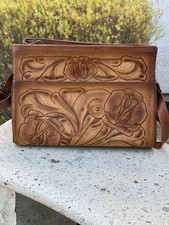 Vintage 1950's Leather Mexican Floral Tooled Western Huge Satchel Handbag Purse