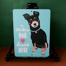 Shelter Dog Loves Here Metal Wall Sign 9"x 12" Blue Black Small Mixed Breed