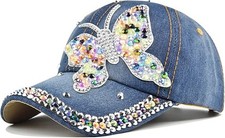 Women's Bling Rhinestone Baseball Cap Denim Butterfly Sparkly Mom Hat