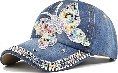 Women's Bling Rhinestone Baseball Cap Denim Butterfly Sparkly Mom Hat