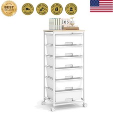 Rolling Storage Cart with 6 Drawers and Wooden Tabletop, Lockable Wheels Util...