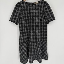LOFT Black & White Large Plaid Tweed Short Sleeve Flounce Hem Frill Mini Dress