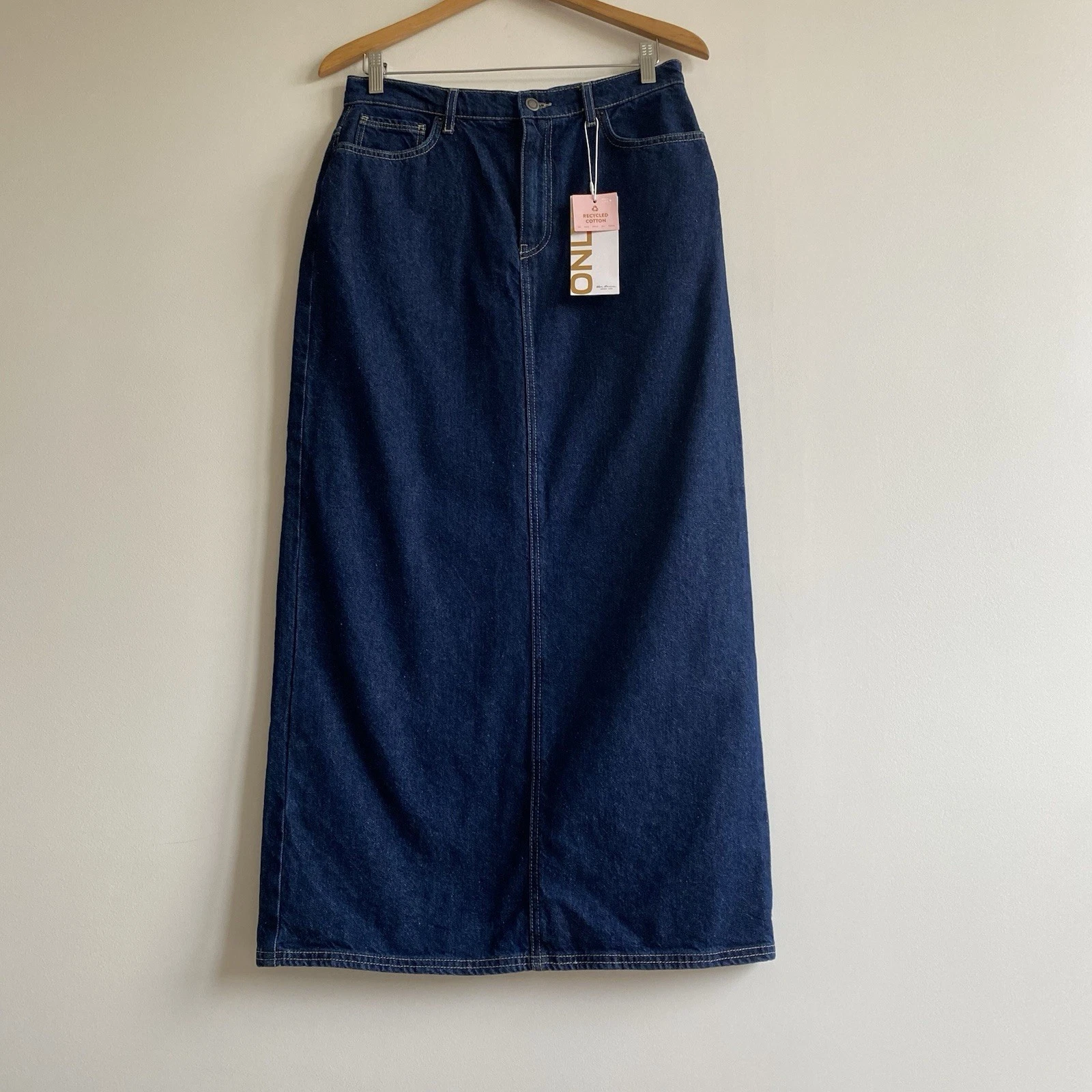 ONLYDark Blue Denim Midi Skirt M Y2K Minimalist Long Jean Skirt Back Slit Boho