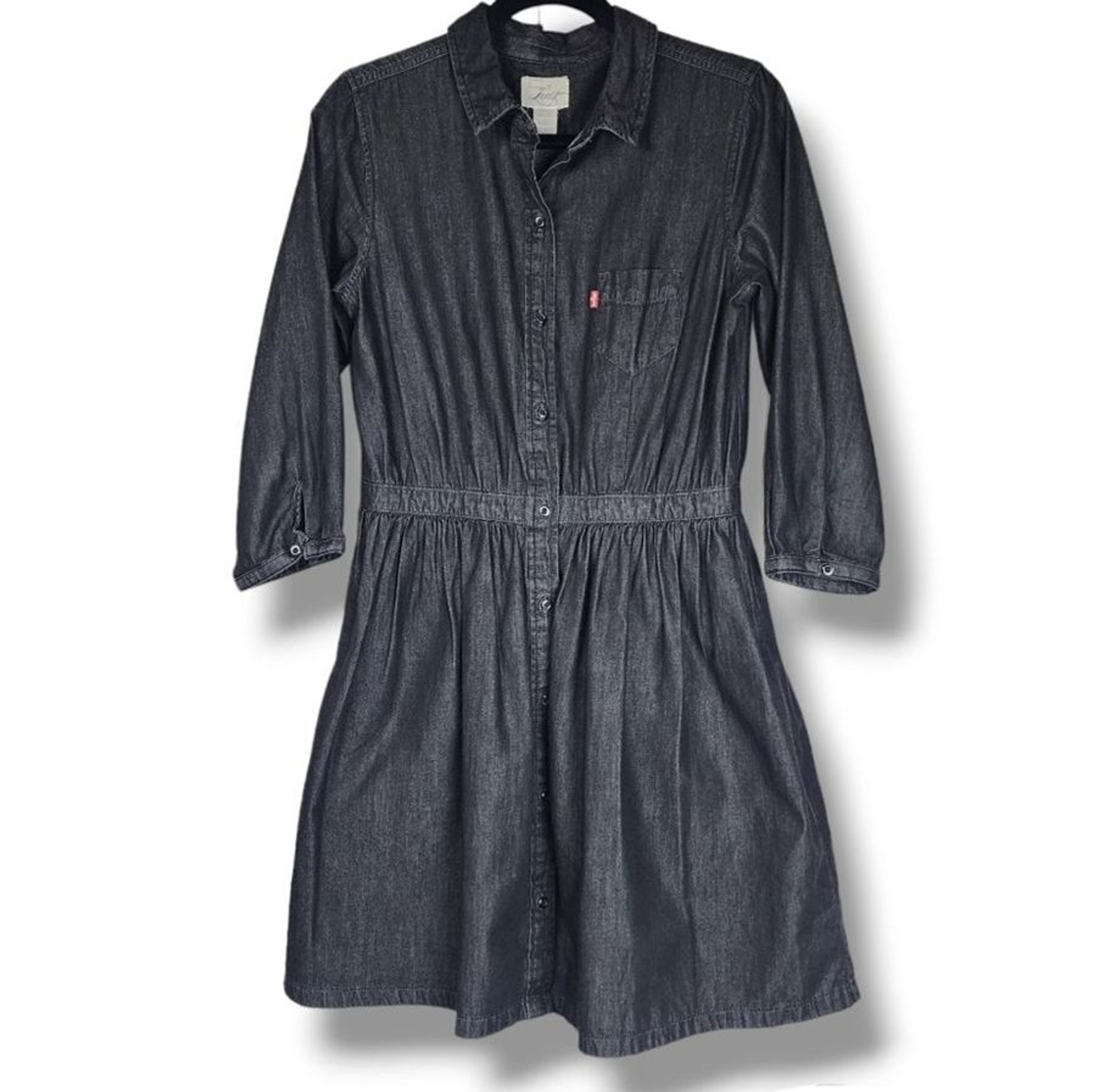 Levis Jean Dress A-line Black Charcoal Denim Cotton Button Front Pockets Size M