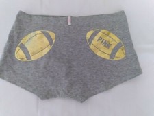 VICTORIA SECRET PINK BOYSHORT/BOXER GRAY PANTIES W/GOLD FOOTBALLS ON BACK NWT M