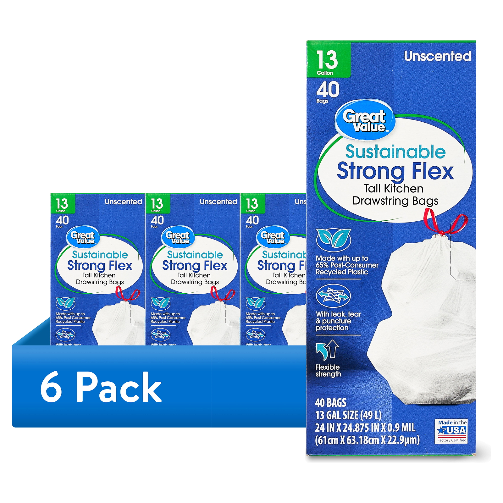 (6 pack) Great Value Sustainable Strong Flex 13-Gallon Drawstring Tall Kitchen