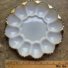 Vintage Anchor Hocking White Milk Glass Gold Trim Deviled Egg Dish