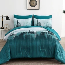 WONGS Queen/King Comforter Set - Teal Green Abstract Gradient Microfiber Bedding