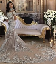 Wedding Dress Mermaid long sleeve silver Lace fully lined custom made size 4