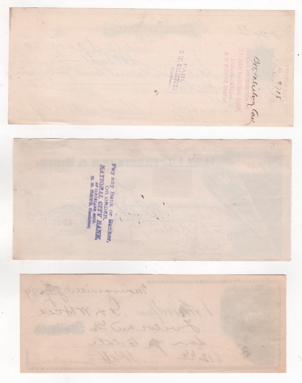 LOT OF 3 1889 98 BANK CHECKS TOLEDO CLEVELAND OH HESS W/ ENGRAVINGS