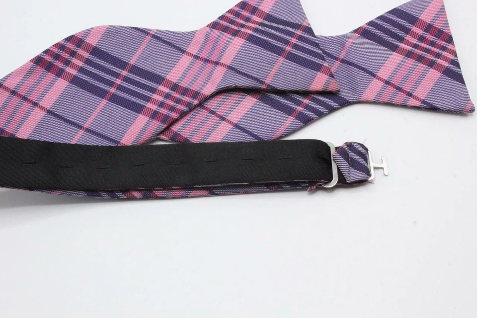 Регулируемый шелковый галстук-бабочка. Фиолетовый и розовый клетчатый. - Изображение 2 из 2