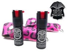 2 Police Magnum pepper spray .50oz pink doodle keychain holster safety defense