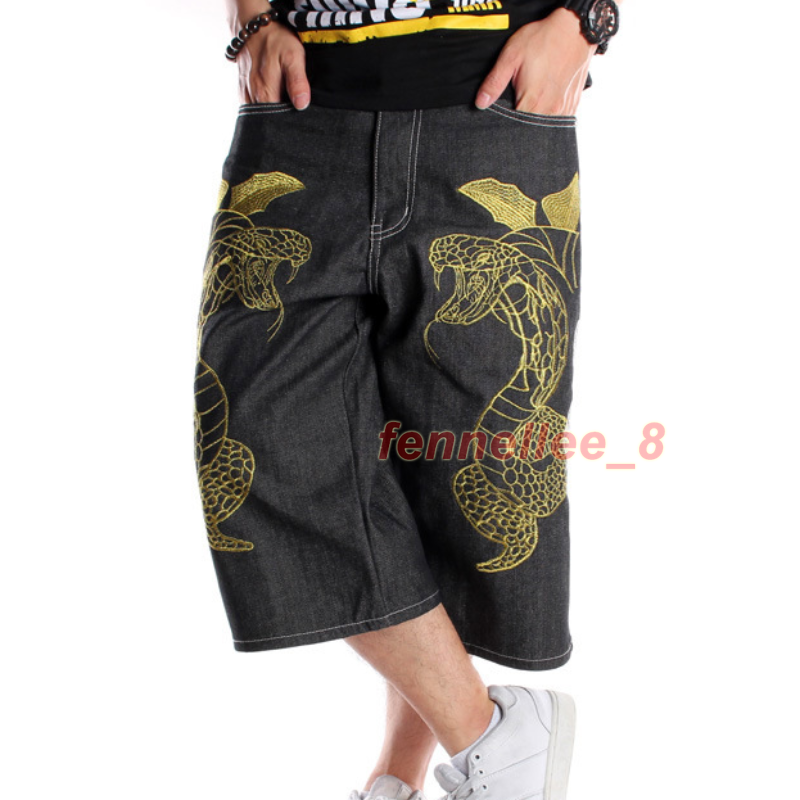 Men Embroidered Denim Shorts Hip Hop Snake Straight Baggy 3/4