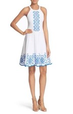 $298 Parker Cheryl Blue White Embroidered Knit Halter Sweater Dress L NWT P318