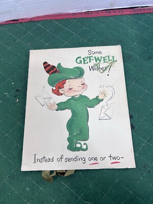 Vintage Greeting Card Get Well Elf Huge Fold Out 24x19  Cute Illustration