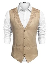 Men's Suede Leather Vest Cowboy Western Waistcoat X-Large Beige With Pattern 