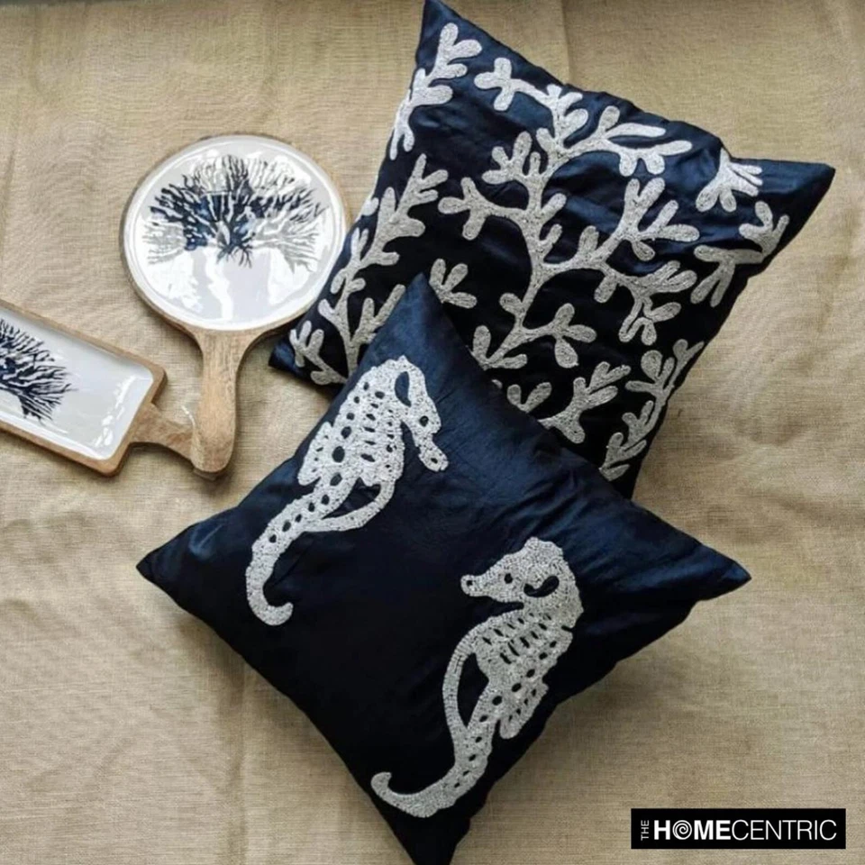 Couch Pillow Cover Blue 16"x16", Bed Decor Silk Sea Creatures - Navy Corals - Image 3 of 4