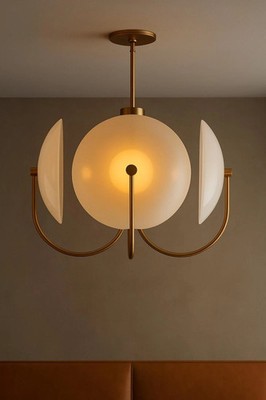Mid Century Modern Brass Sputnik Chandelier 4 Light Brushed Finish Beige Shade