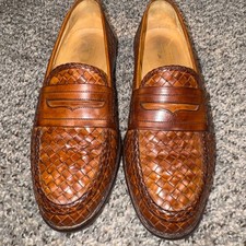 Johnston Murphy Sz 8.5 Mens Woven Leather Penny Loafers Brown Italy