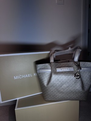 Michael Kors Gray Logo Tote Silver Hardware Double Handles MK Charm Bag