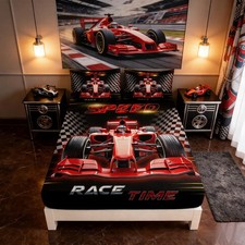 Red Cars Bedding Fitted Sheet Set Full Size,Black White Checkered Racing Flag...