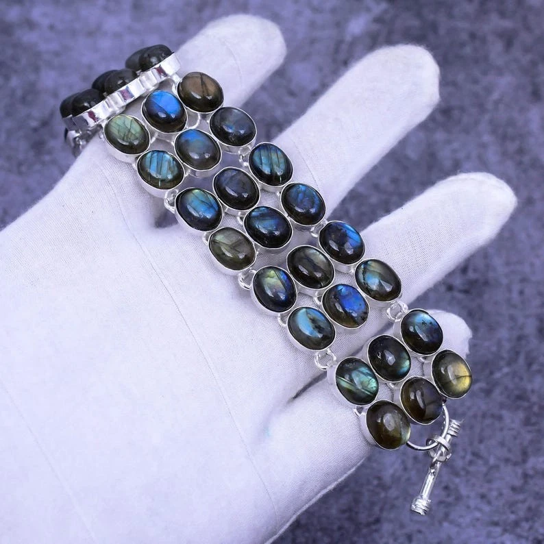 Браслет ювелирный из стерлингового серебра 925 пробы с натуральным лабрадоритом размер 7-8"" - Изображение 3 из 4