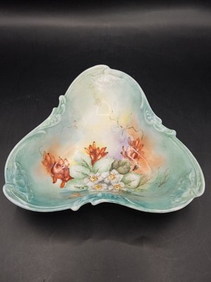 Antique Jean Pouyat JPL France Hand Painted Triangular Shaped Dish Green Floral