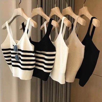 Summer Black White Striped Knitted Vest For Women's Elegant V-neck Short Tops