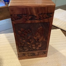 Hand-Carved Rosewood Urn - 6" x 6" x 11" H - Butterfly & Flowers Pattern