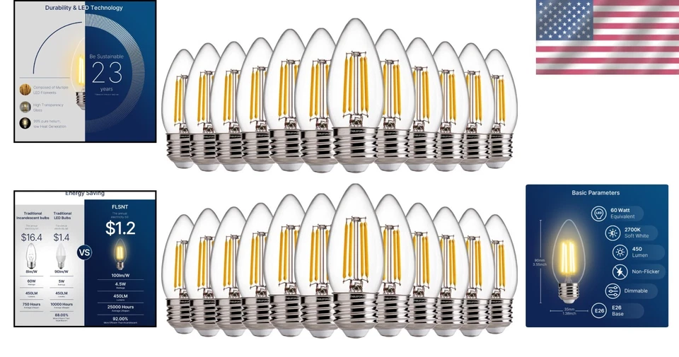 Dimmable B11 LED Bulbs, E26 Base, 2700K Soft White, 24 Pack - Image 2 of 4