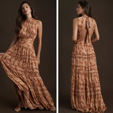 BHLDN Anthropologie Juniper Tiered Orange Sparkle Backless Maxi Dress Size 4