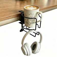 2 in 1 Desk Cup Holder with Headphone Hanger, Mug Hooks,Anti-Spill Clip-On Cu...