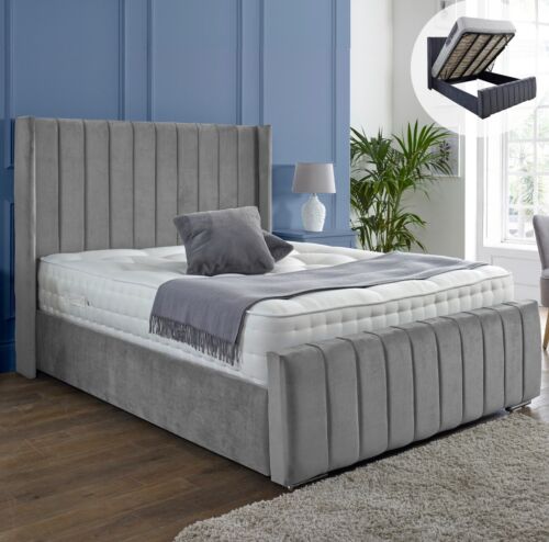 NEW OTTOMAN PANEL WING PLUSH VELVET UPHOLSTERED BED FRAME DOUBLE & KING SIZE - Picture 2 of 11