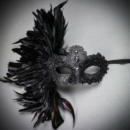 Black Feather Venice Women Masks Phantom Men's Couple Masquerade for Prom Party - Picture 3 of 7