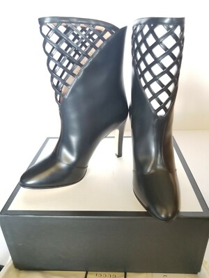 New Authentic Gucci Cutout Leather Ankle Boots Black EUR 37 / US 7